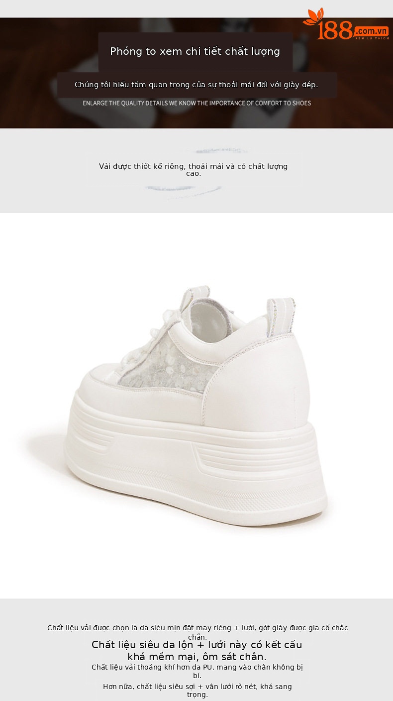 Giày sneaker nữ chunky đế dày lưới thoáng khí phong cách platform — Trắng, Đen chi tiết 5