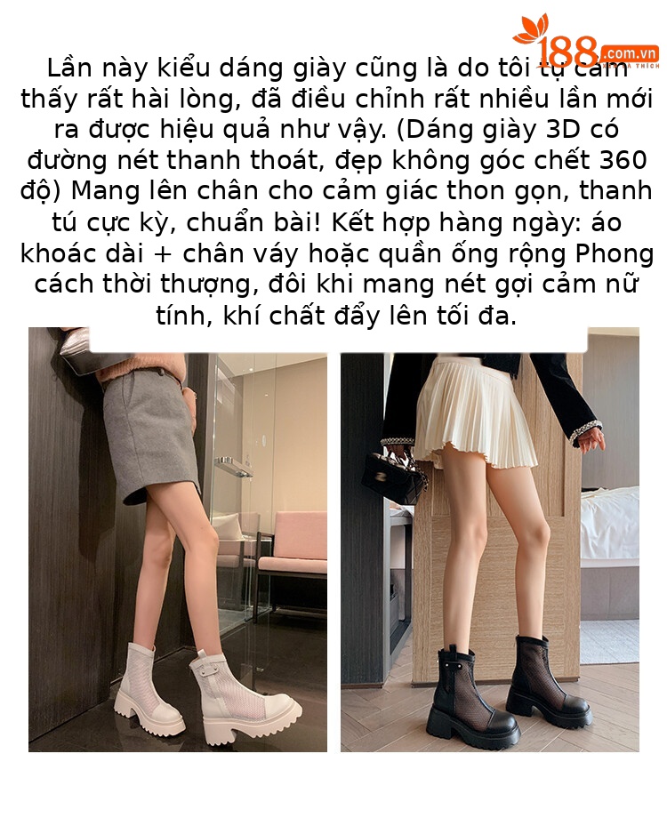 Boot nữ cổ cao đế dày gót bánh xốp da bò lưới thoáng khí xuân hè 2024 — Màu đen, Màu trắng be chi tiết 4