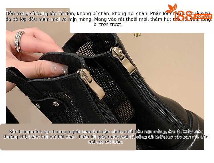 Boot nữ cổ cao đế dày gót bánh xốp da bò lưới thoáng khí xuân hè 2024 — Màu đen, Màu trắng be chi tiết 6