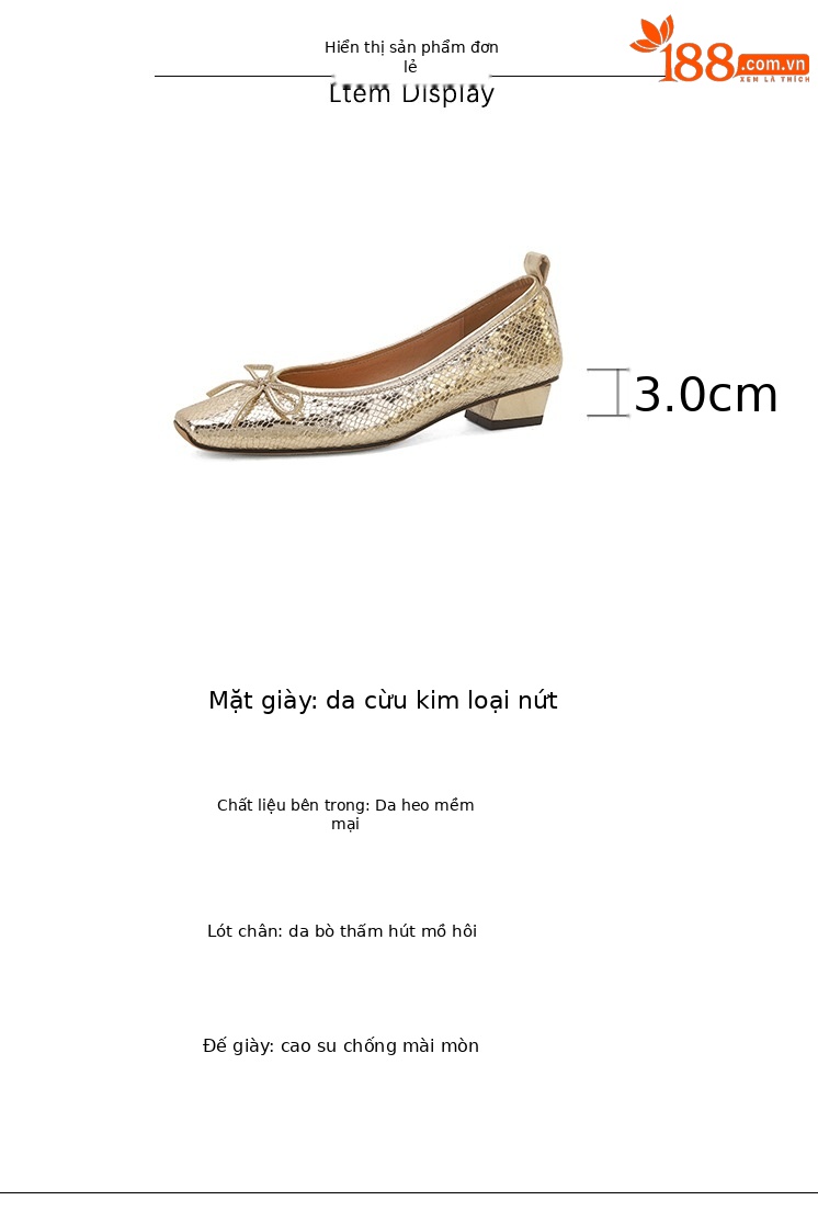 Giày cao gót nữ da cừu họa tiết vân nứt, mũi nhọn miệng nông, gót vuông 3 cm — Màu vàng chi tiết 4
