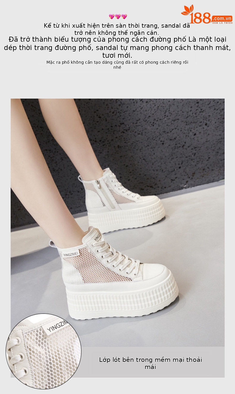 Giày sneaker nữ chunky đế dày trắng lưới thoáng mùa hè — Len tinh khiết, Đen chi tiết 5