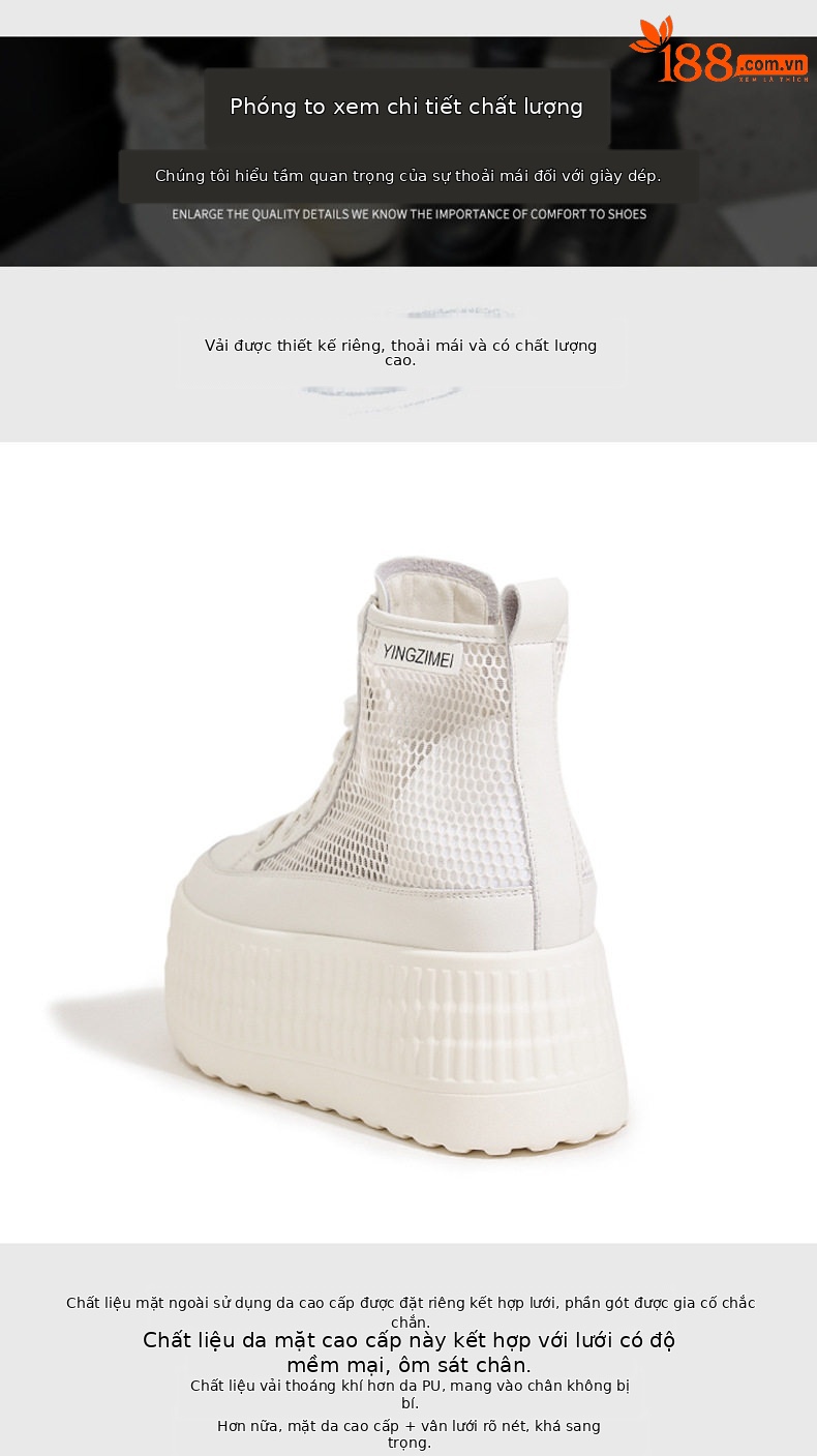Giày sneaker nữ chunky đế dày trắng lưới thoáng mùa hè — Len tinh khiết, Đen chi tiết 6
