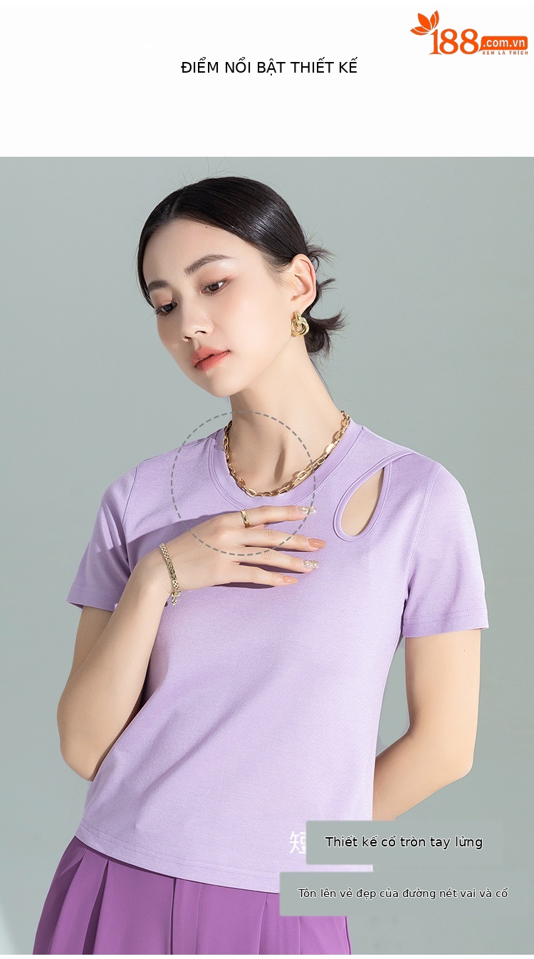 Áo thun nữ tay ngắn thiết kế khoét vai, chất liệu dệt kim acetate Tencel ôm dáng — Màu tím chi tiết 2