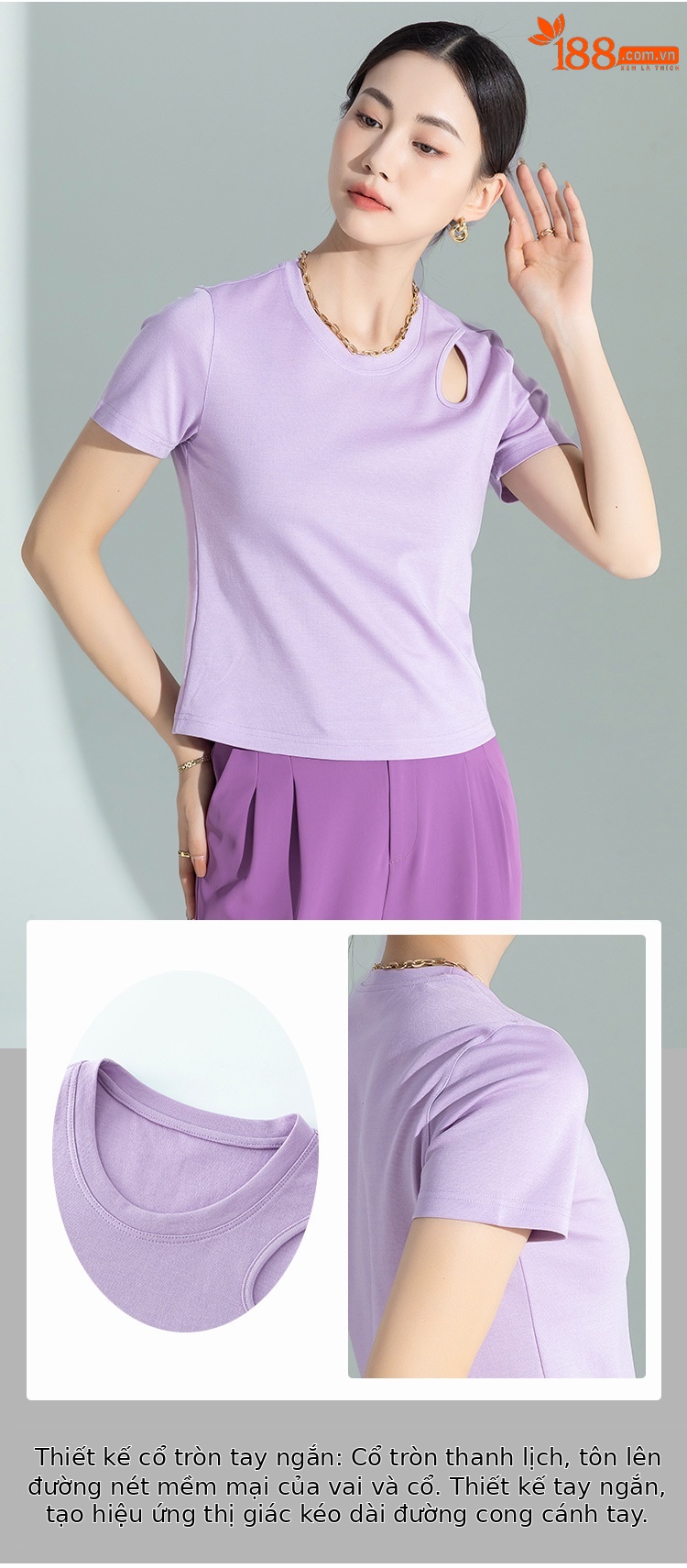 Áo thun nữ tay ngắn thiết kế khoét vai, chất liệu dệt kim acetate Tencel ôm dáng — Màu tím chi tiết 4