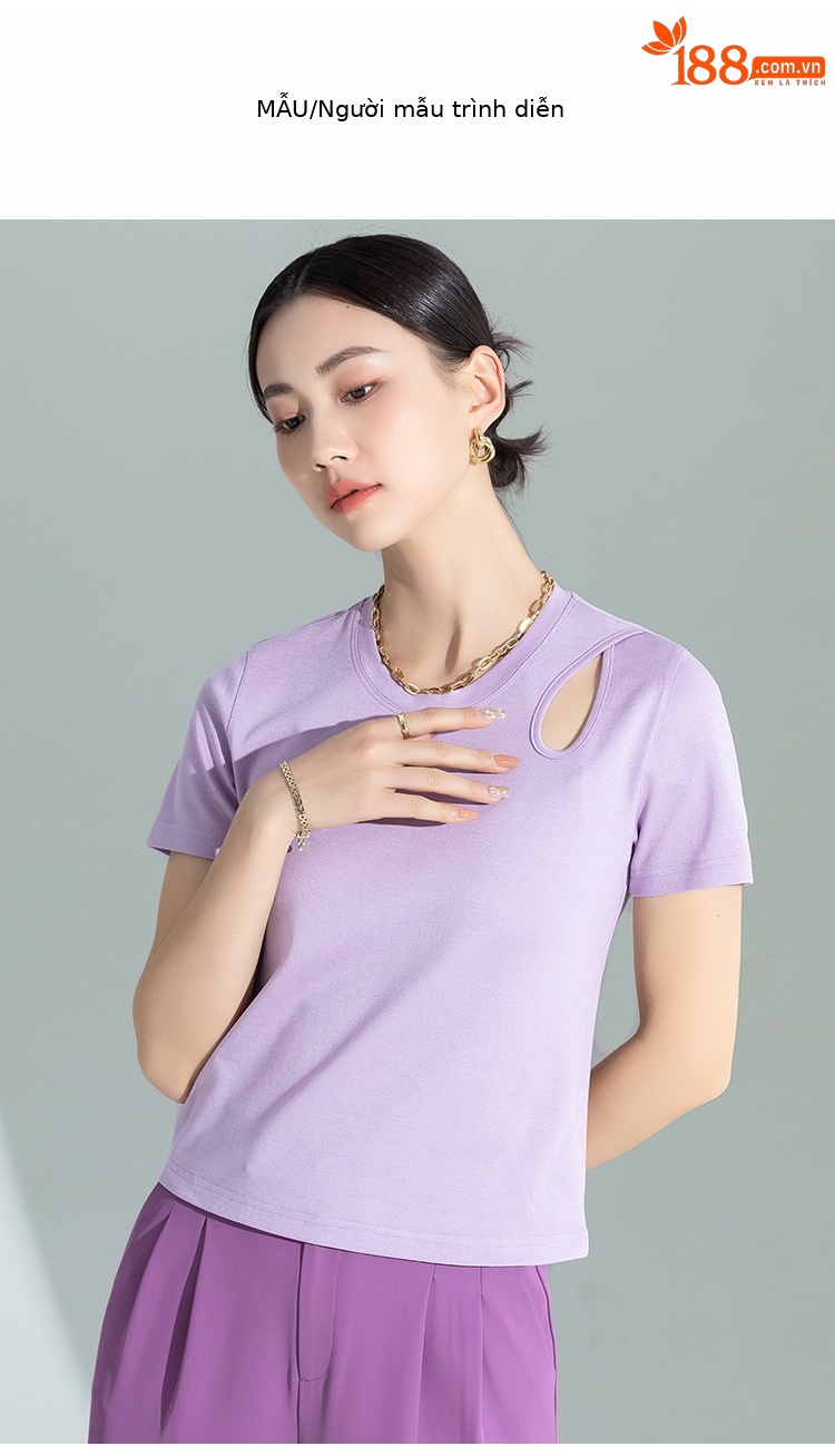 Áo thun nữ tay ngắn thiết kế khoét vai, chất liệu dệt kim acetate Tencel ôm dáng — Màu tím chi tiết 5