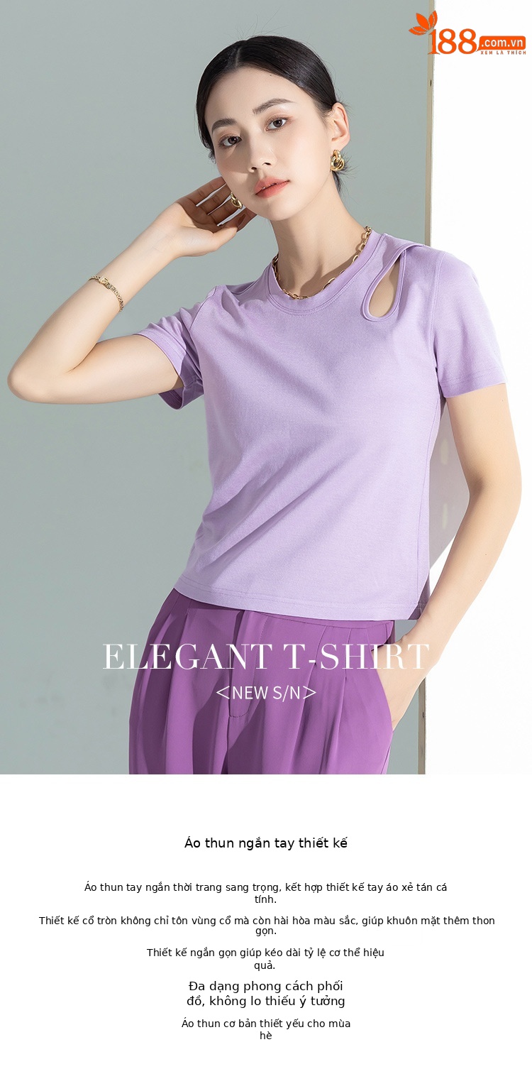 Áo thun nữ tay ngắn thiết kế khoét vai, chất liệu dệt kim acetate Tencel ôm dáng — Màu tím chi tiết 1