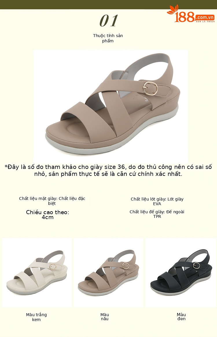 Dép sandal nữ đế dày JS554-1 mùa hè 2025, phong cách thời trang, size lớn — Màu nâu, Màu đen, Màu trắng be chi tiết 2