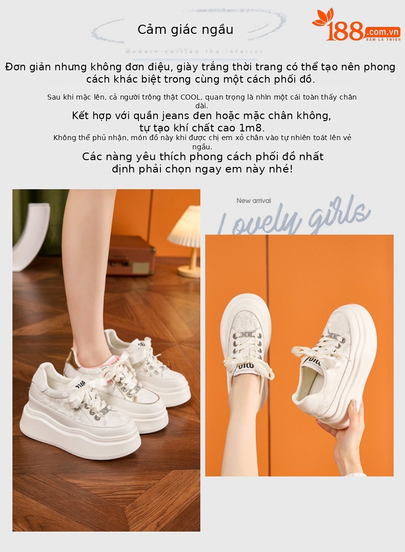 Giày sneaker nữ chunky đế dày phong cách Hàn Quốc, mũi tròn, dây buộc — Hồng vàng, Trắng chi tiết 3