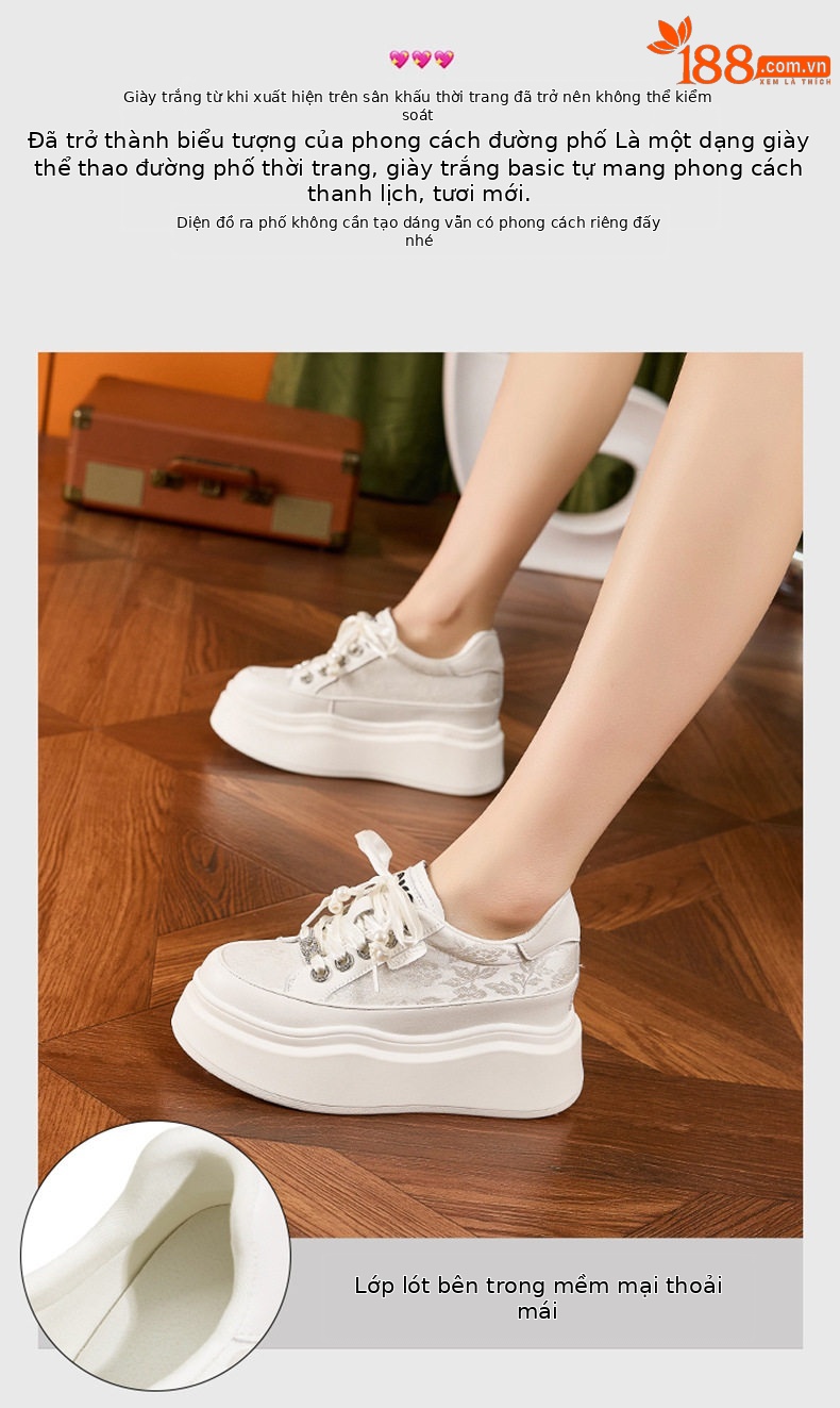 Giày sneaker nữ chunky đế dày phong cách Hàn Quốc, mũi tròn, dây buộc — Hồng vàng, Trắng chi tiết 4