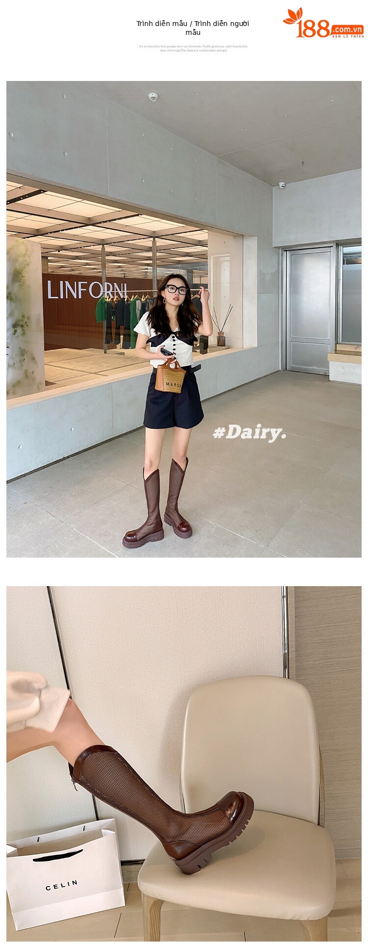 Boot nữ da lưới thoáng khí mùa hè, đế dày rỗng, ống rộng cho chân to — Màu nâu ống lớn, Màu đen cổ ống lớn, Ống nhỏ màu đen, Ống nhỏ màu be chi tiết 44