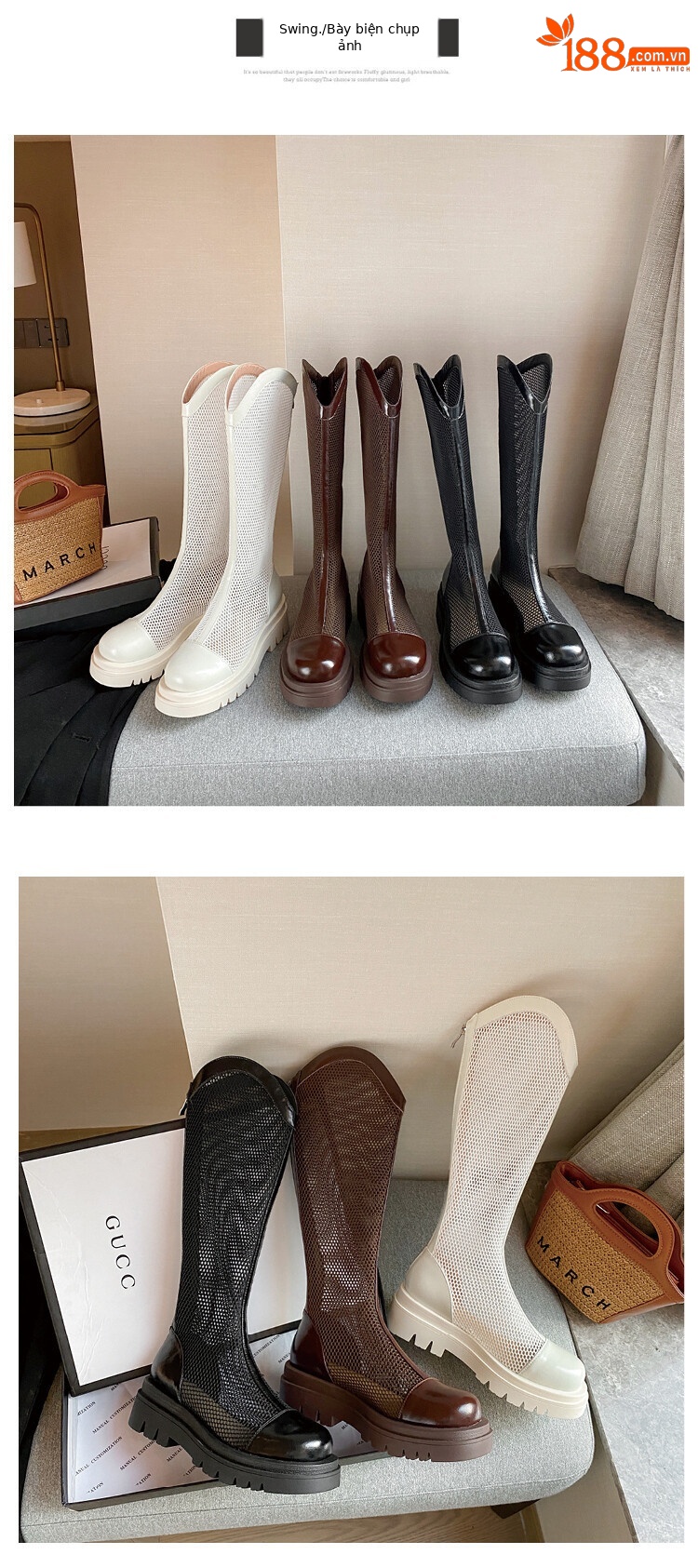 Boot nữ da lưới thoáng khí mùa hè, đế dày rỗng, ống rộng cho chân to — Màu nâu ống lớn, Màu đen cổ ống lớn, Ống nhỏ màu đen, Ống nhỏ màu be chi tiết 55