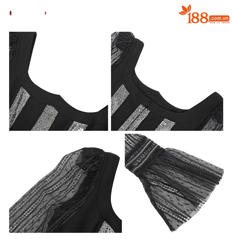 Đầm maxi nữ thắt eo cổ vuông tay bồng lưới đính sequin sọc — Màu đen chi tiết 2
