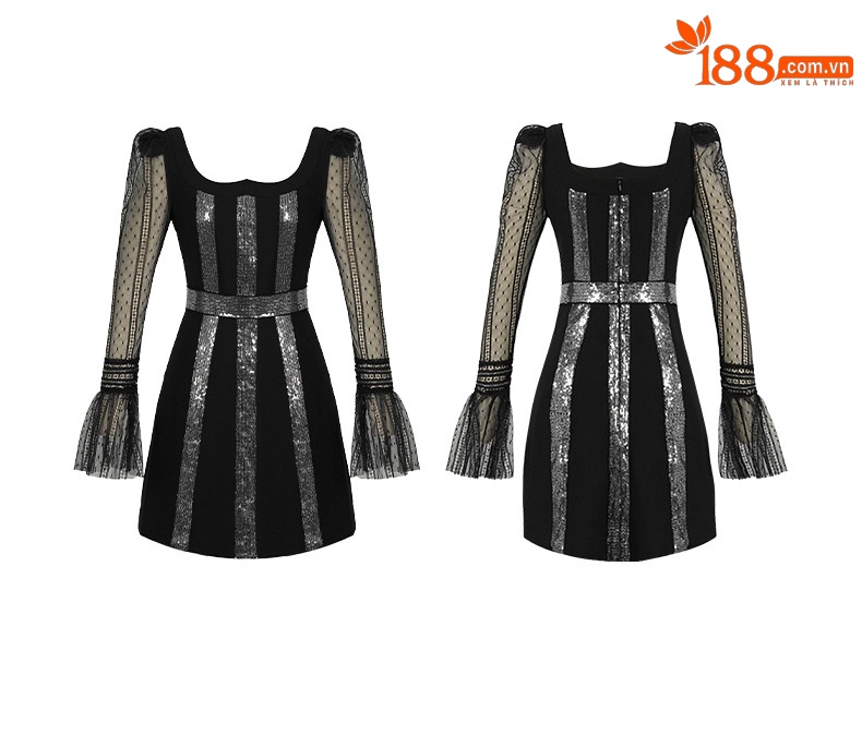 Đầm maxi nữ thắt eo cổ vuông tay bồng lưới đính sequin sọc — Màu đen chi tiết 3