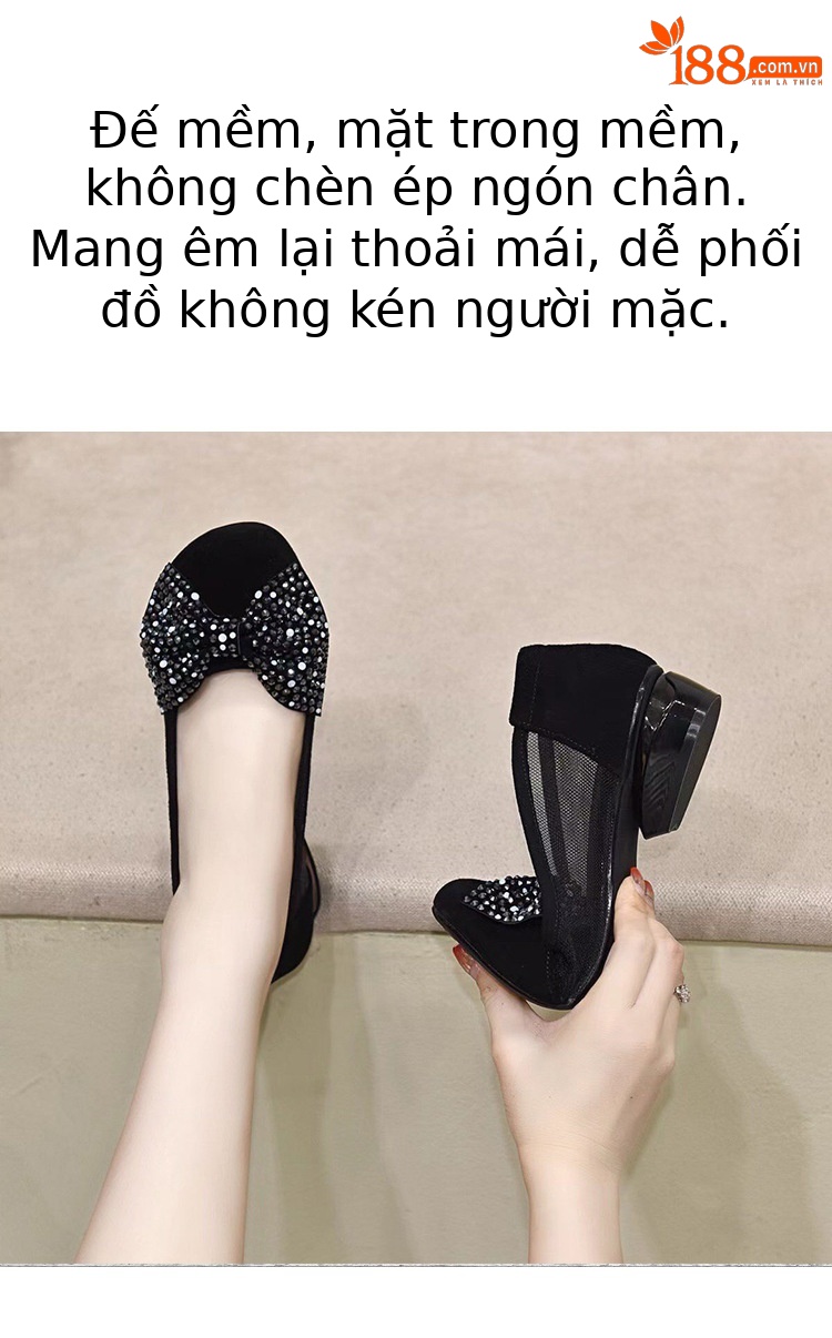 Sandal nữ bít mũi nơ da thật, gót thô 2 cm, miệng nông, vải lưới thoáng mát — Màu đen 2 cm chi tiết 1