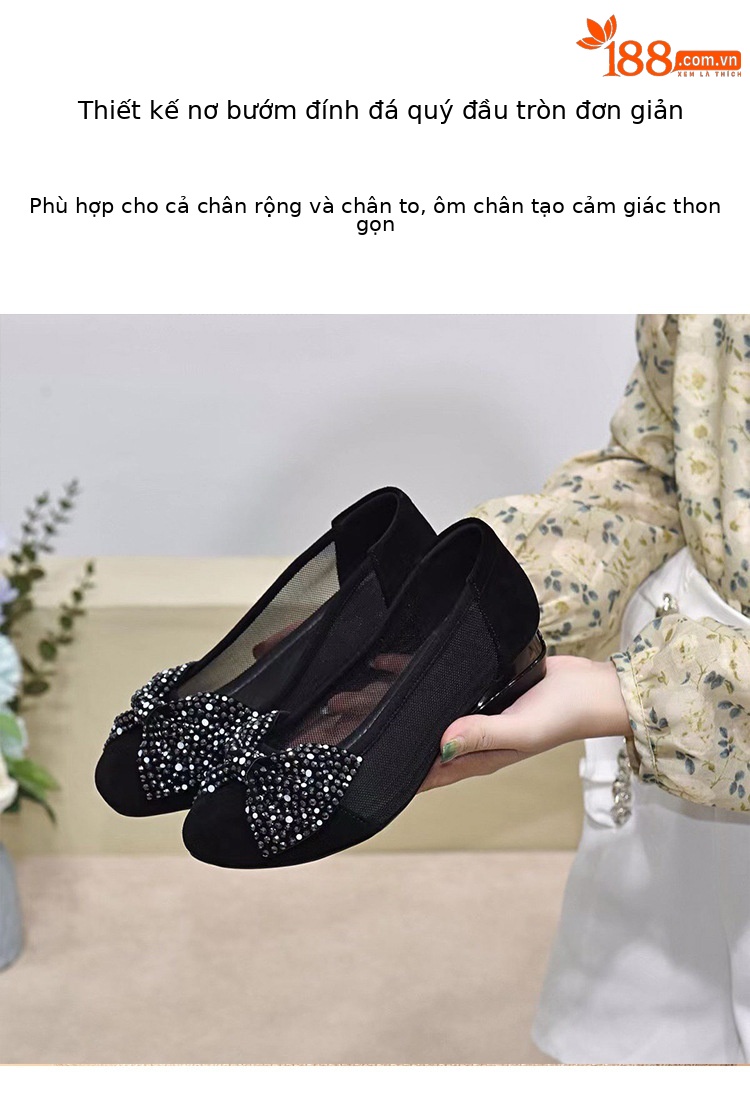 Sandal nữ bít mũi nơ da thật, gót thô 2 cm, miệng nông, vải lưới thoáng mát — Màu đen 2 cm chi tiết 2