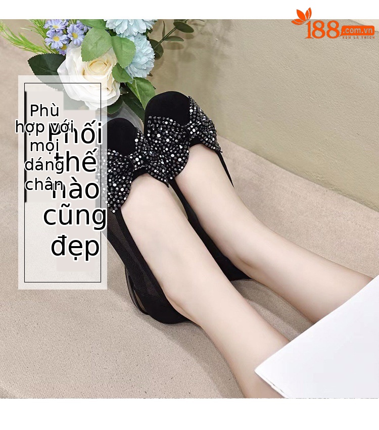 Sandal nữ bít mũi nơ da thật, gót thô 2 cm, miệng nông, vải lưới thoáng mát — Màu đen 2 cm chi tiết 4