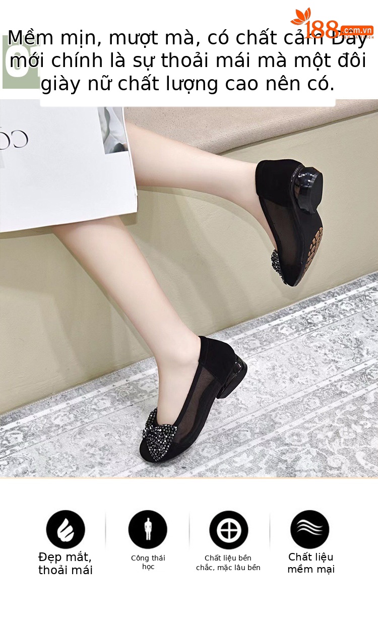 Sandal nữ bít mũi nơ da thật, gót thô 2 cm, miệng nông, vải lưới thoáng mát — Màu đen 2 cm chi tiết 5