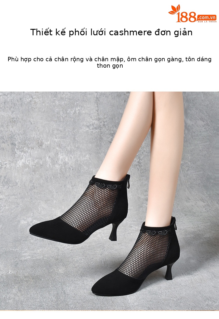 Giày cao gót nữ mũi nhọn da thật gót nhọn 3 cm, khóa kéo sau, lưới thoáng mùa hè — Màu đen 3 cm chi tiết 2