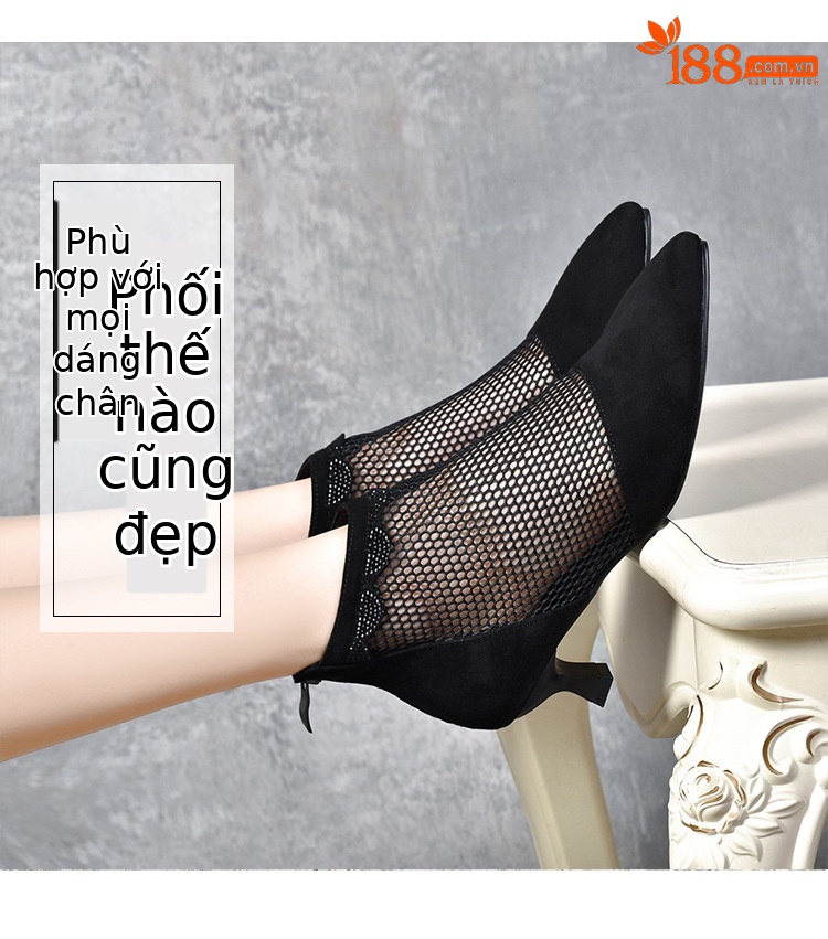 Giày cao gót nữ mũi nhọn da thật gót nhọn 3 cm, khóa kéo sau, lưới thoáng mùa hè — Màu đen 3 cm chi tiết 4