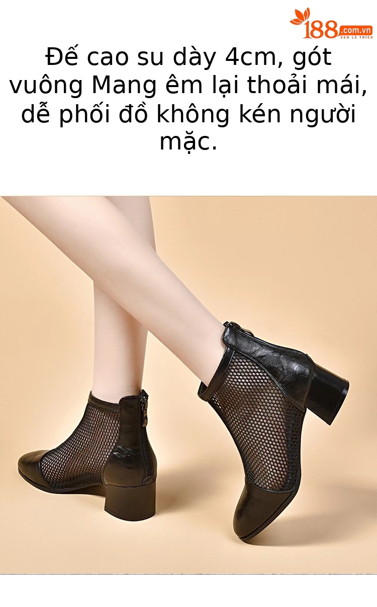 Sandal bít mũi gót cao vừa phong cách La Mã đế dày lưới da thật cho nữ — Màu đen Cashmere chi tiết 1