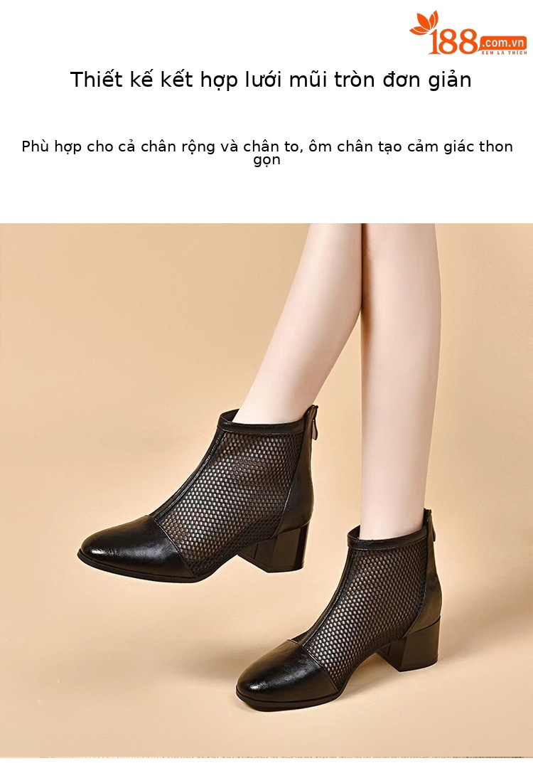 Sandal bít mũi gót cao vừa phong cách La Mã đế dày lưới da thật cho nữ — Màu đen Cashmere chi tiết 2