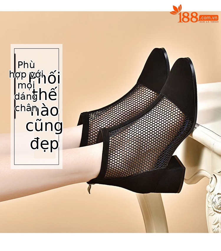 Sandal bít mũi gót cao vừa phong cách La Mã đế dày lưới da thật cho nữ — Màu đen Cashmere chi tiết 4