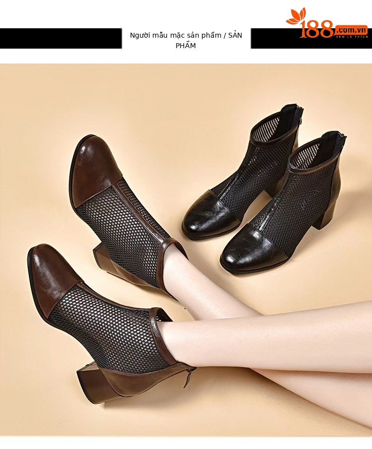 Sandal bít mũi gót cao vừa phong cách La Mã đế dày lưới da thật cho nữ — Màu đen Cashmere chi tiết 6