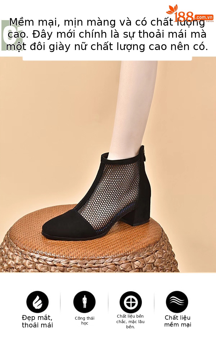 Sandal bít mũi gót cao vừa phong cách La Mã đế dày lưới da thật cho nữ — Màu đen Cashmere chi tiết 5