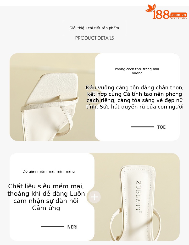 Sandal cao gót nữ mũi vuông quai xỏ ngón gót nhọn — Trắng be chi tiết 2