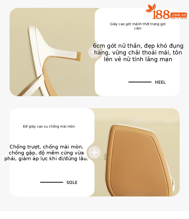 Sandal cao gót nữ mũi vuông quai xỏ ngón gót nhọn — Trắng be chi tiết 3