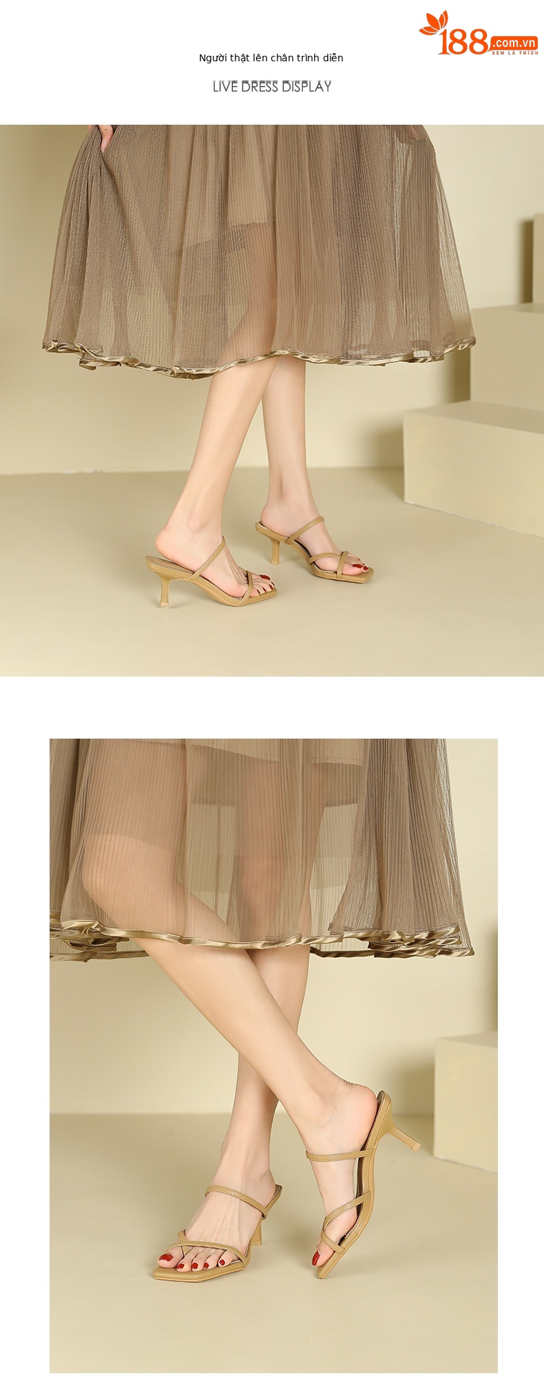 Sandal cao gót nữ mũi vuông quai xỏ ngón gót nhọn — Trắng be chi tiết 4