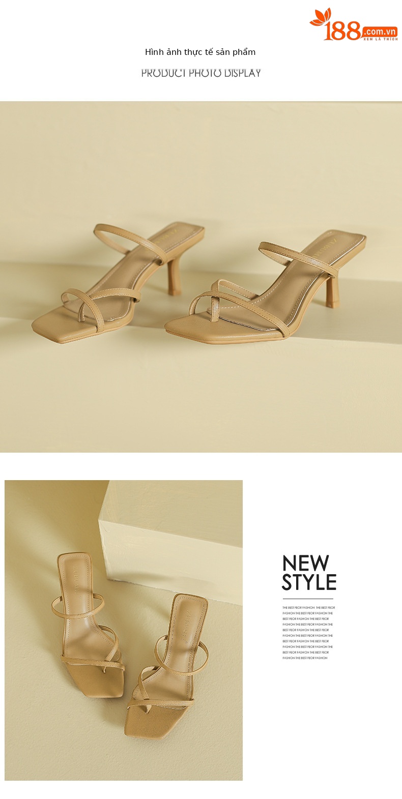 Sandal cao gót nữ mũi vuông quai xỏ ngón gót nhọn — Trắng be chi tiết 8