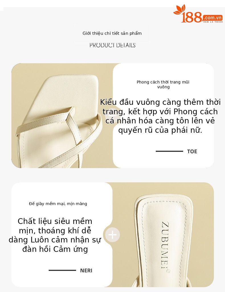 Dép xỏ ngón nữ mũi vuông gót nhọn đế bệt đi ngoài trời — Màu đen chi tiết 2