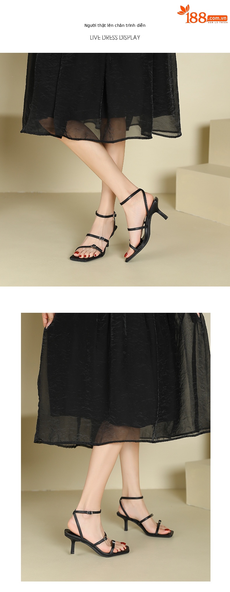 Giày sandal cao gót nữ mũi vuông hở mũi kiểu dáng gợi cảm — Màu đen chi tiết 4