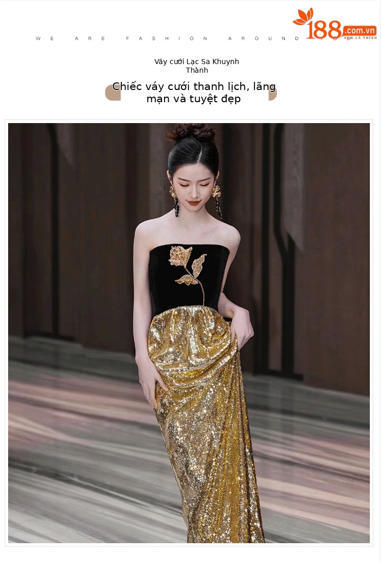 Đầm maxi nữ thắt eo kiểu Pháp, tay ống, phối sequin lấp lánh, dáng dài dự tiệc — Màu như hình chi tiết 1