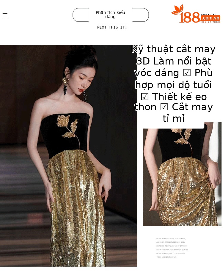 Đầm maxi nữ thắt eo kiểu Pháp, tay ống, phối sequin lấp lánh, dáng dài dự tiệc — Màu như hình chi tiết 2