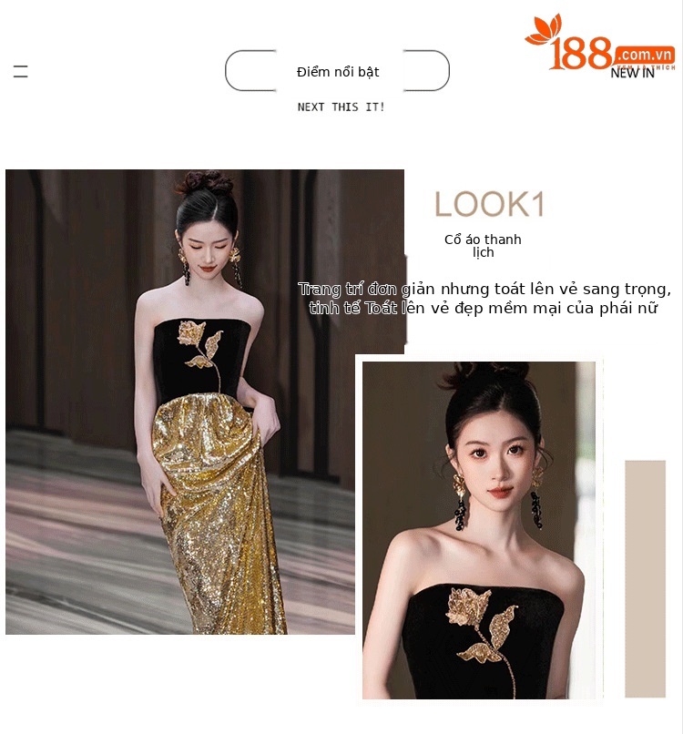 Đầm maxi nữ thắt eo kiểu Pháp, tay ống, phối sequin lấp lánh, dáng dài dự tiệc — Màu như hình chi tiết 3
