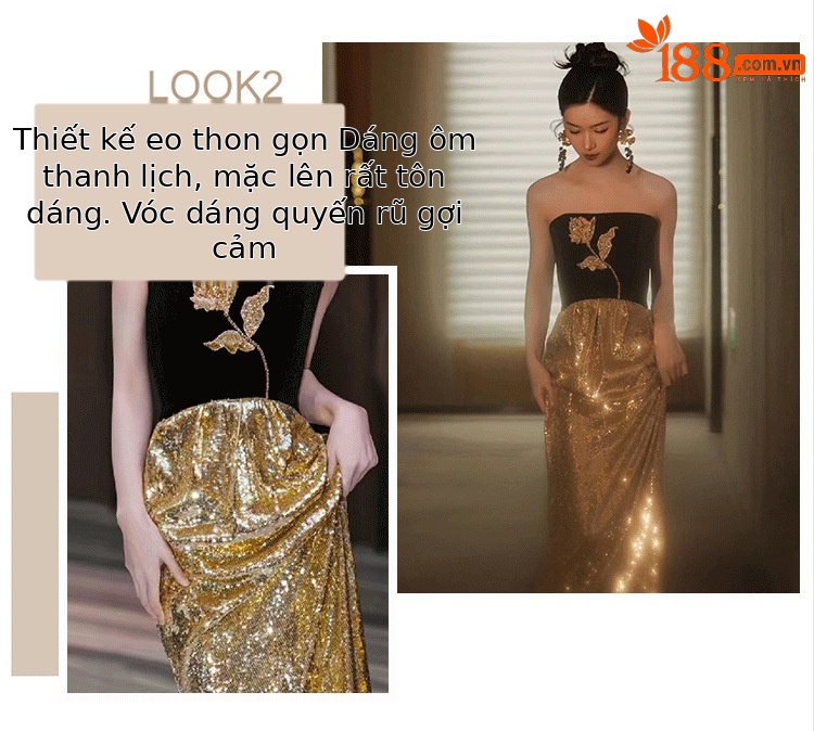 Đầm maxi nữ thắt eo kiểu Pháp, tay ống, phối sequin lấp lánh, dáng dài dự tiệc — Màu như hình chi tiết 4