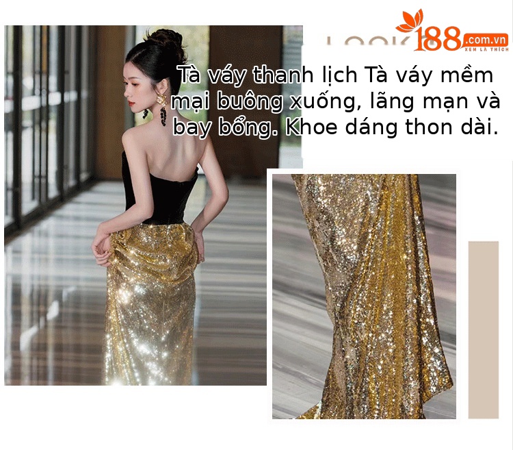 Đầm maxi nữ thắt eo kiểu Pháp, tay ống, phối sequin lấp lánh, dáng dài dự tiệc — Màu như hình chi tiết 5