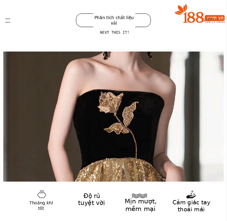 Đầm maxi nữ thắt eo kiểu Pháp, tay ống, phối sequin lấp lánh, dáng dài dự tiệc — Màu như hình chi tiết 6