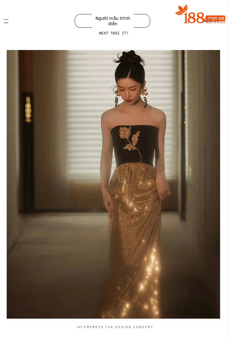 Đầm maxi nữ thắt eo kiểu Pháp, tay ống, phối sequin lấp lánh, dáng dài dự tiệc — Màu như hình chi tiết 7