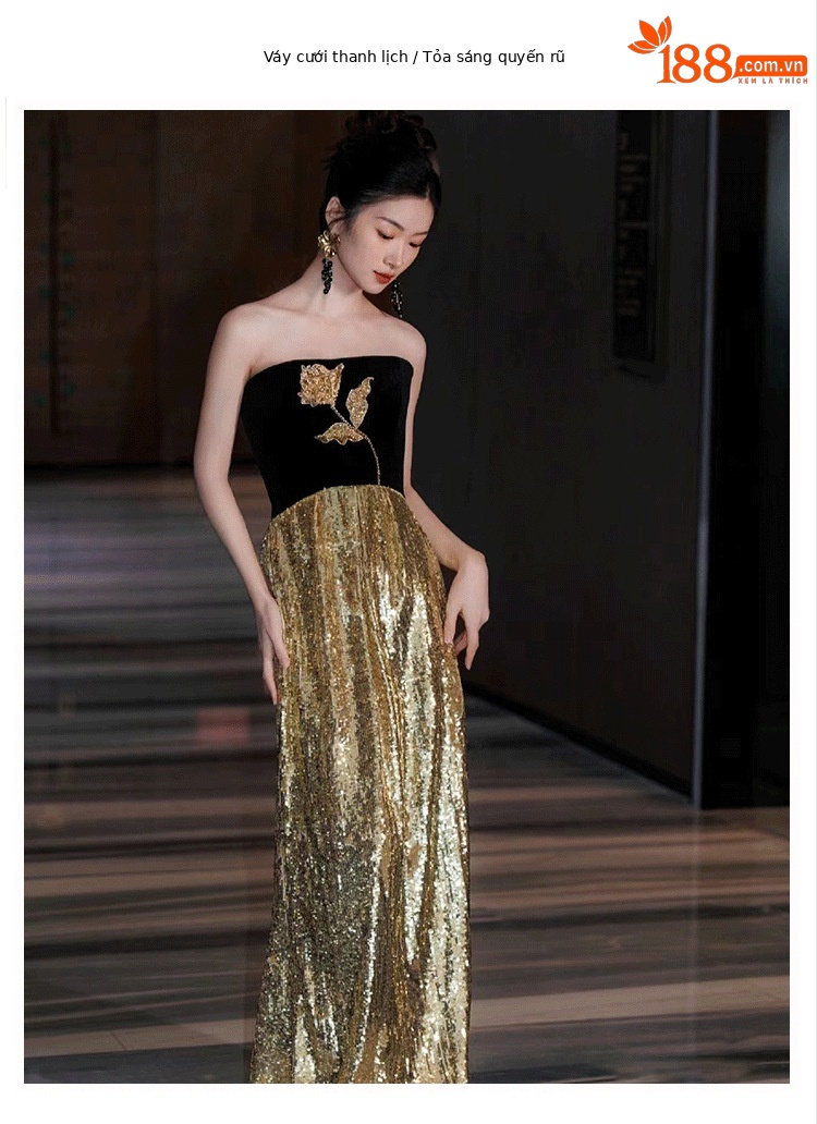 Đầm maxi nữ thắt eo kiểu Pháp, tay ống, phối sequin lấp lánh, dáng dài dự tiệc — Màu như hình chi tiết 9