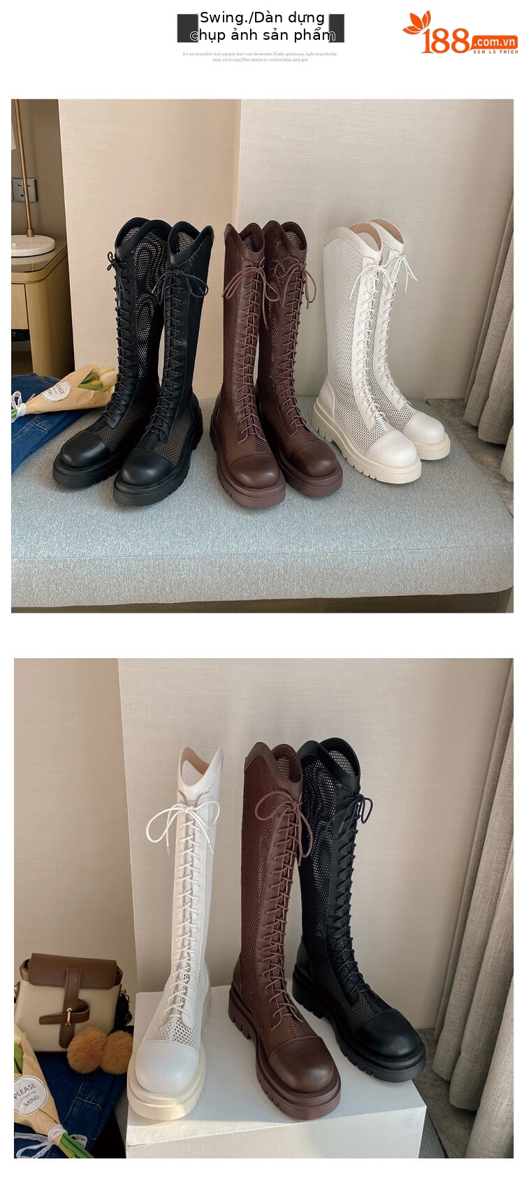 Boot lưới da thật cổ cao đế dày thoáng khí mùa xuân hè phong cách kỵ sĩ buộc dây — Màu nâu ống lớn, Màu đen cổ ống lớn, Ống nhỏ màu đen, Ống nhỏ màu be chi tiết 59