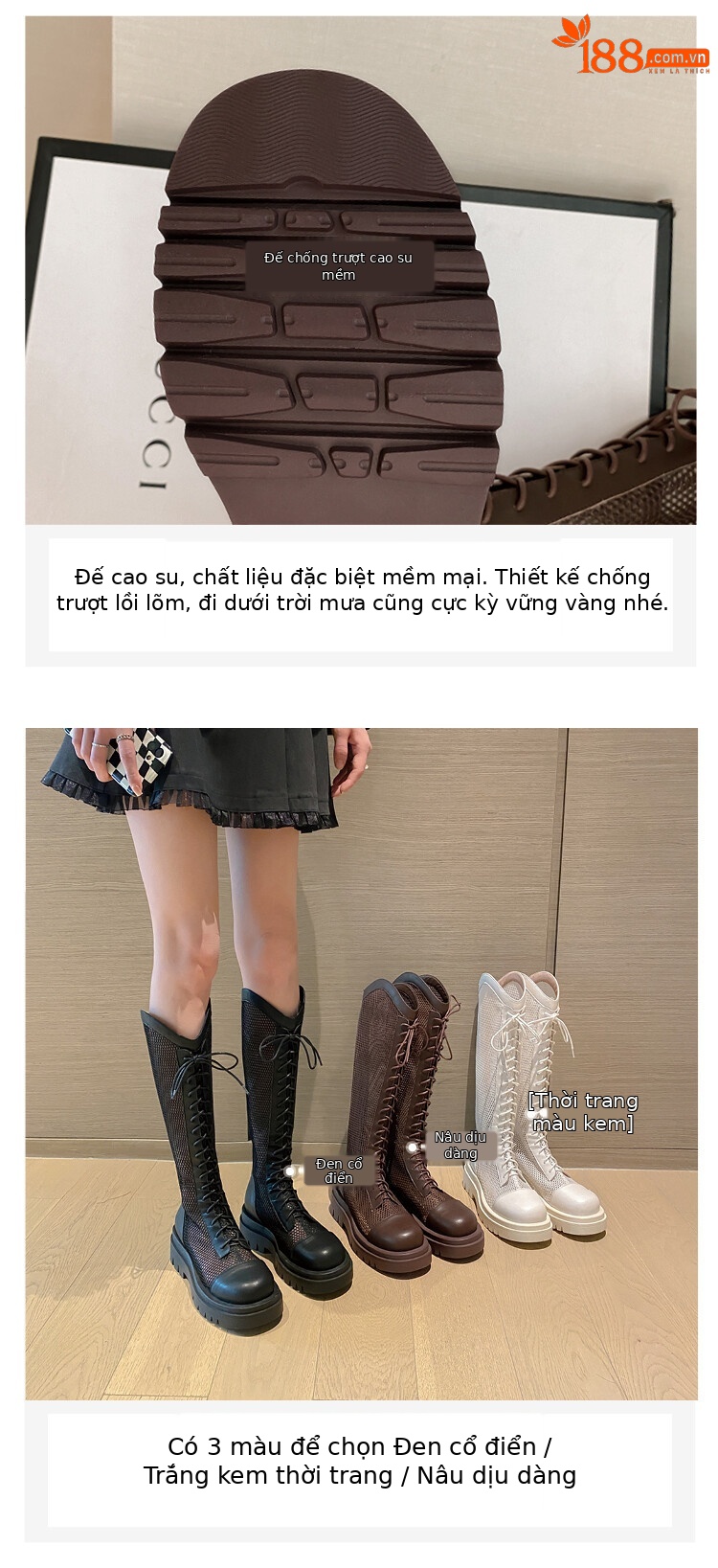 Boot lưới da thật cổ cao đế dày thoáng khí mùa xuân hè phong cách kỵ sĩ buộc dây — Màu nâu ống lớn, Màu đen cổ ống lớn, Ống nhỏ màu đen, Ống nhỏ màu be chi tiết 46