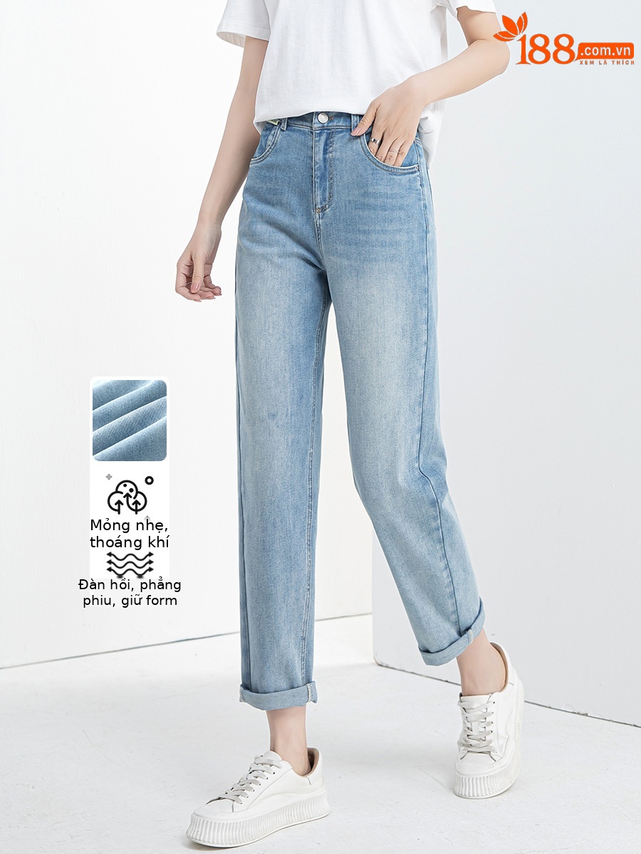 Quần jean nữ cạp cao ống rộng mỏng mùa hè, tôn dáng, viền gấu thời trang — Xanh denim