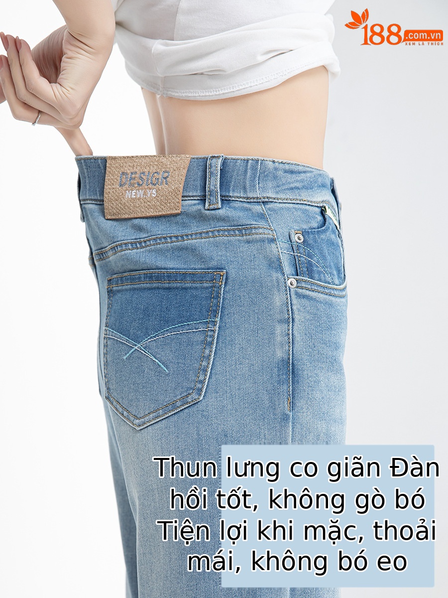 Quần jean nữ cạp cao ống rộng mỏng mùa hè, tôn dáng, viền gấu thời trang — Xanh denim
