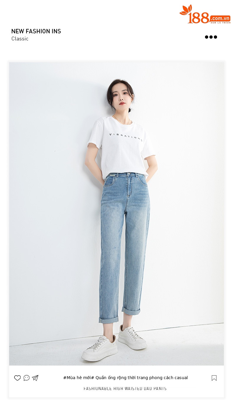 Quần jean nữ cạp cao ống rộng mỏng mùa hè, tôn dáng, viền gấu thời trang — Xanh denim chi tiết 1