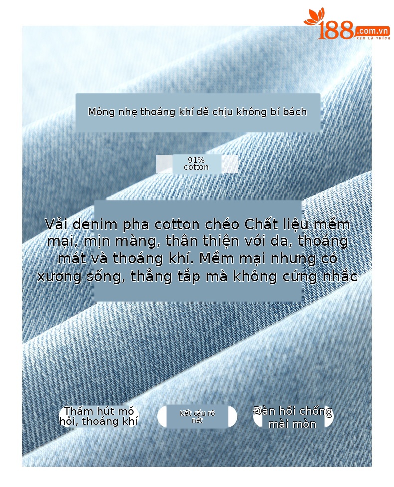 Quần jean nữ cạp cao ống rộng mỏng mùa hè, tôn dáng, viền gấu thời trang — Xanh denim chi tiết 5