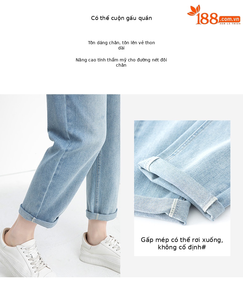 Quần jean nữ cạp cao ống rộng mỏng mùa hè, tôn dáng, viền gấu thời trang — Xanh denim chi tiết 8
