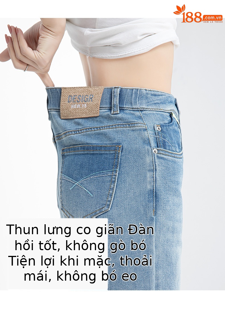 Quần jean nữ cạp cao ống rộng mỏng mùa hè, tôn dáng, viền gấu thời trang — Xanh denim chi tiết 11